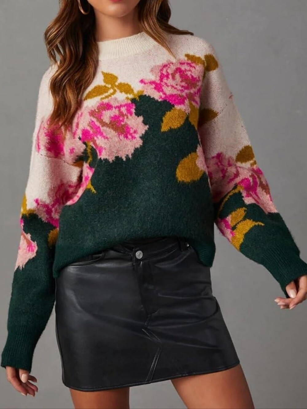 Women's Hunter Green/Ivory & Pink Flower Pullover Sweater Size Medium